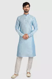 Blue plain art dupion silk kurta-pajama