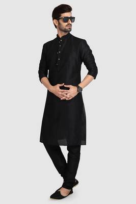Black plain art dupion silk kurta-pajama 1