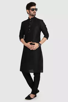 Black plain art dupion silk kurta-pajama
