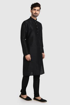 Black plain art dupion silk kurta-pajama 2