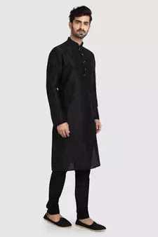 Black plain art dupion silk kurta-pajama