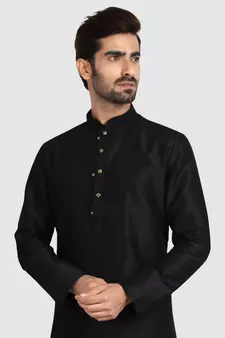 Black plain art dupion silk kurta-pajama