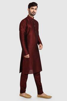 Maroon plain art dupion silk kurta-pajama