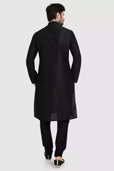 Black plain art dupion silk kurta-pajama
