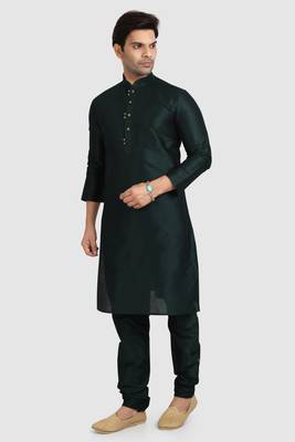 Green plain art dupion silk kurta-pajama 1