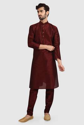 Maroon plain art dupion silk kurta-pajama 2
