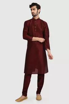 Maroon plain art dupion silk kurta-pajama
