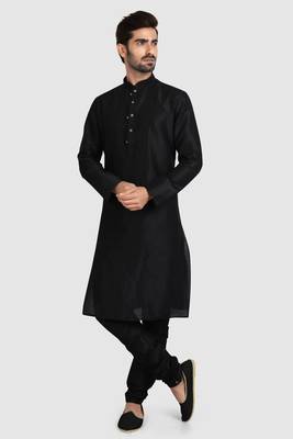 Black plain art dupion silk kurta-pajama 5
