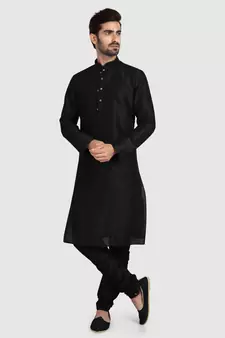 Black plain art dupion silk kurta-pajama