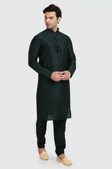 Green plain art dupion silk kurta-pajama
