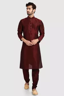 Maroon plain art dupion silk kurta-pajama