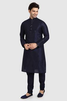 Blue plain art dupion silk kurta-pajama