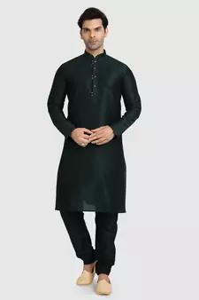 Green plain art dupion silk kurta-pajama