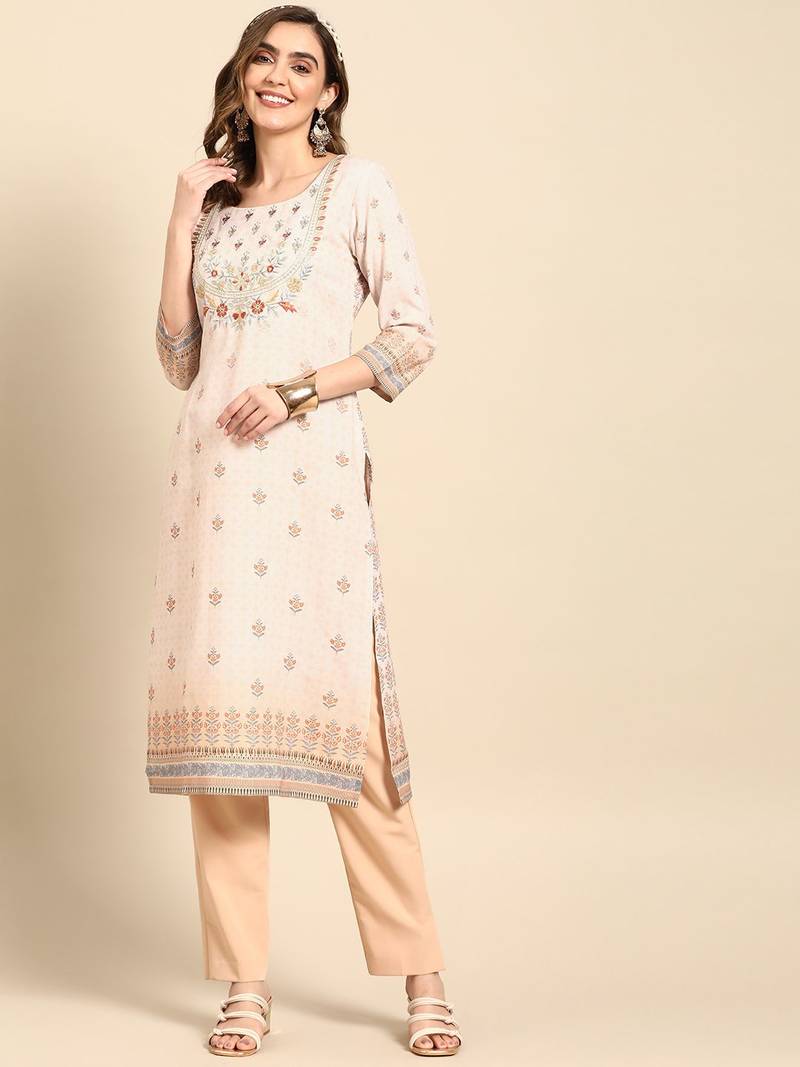 Designer Floral Printed Beige Colour Kurti In Poly Rayon Fabric