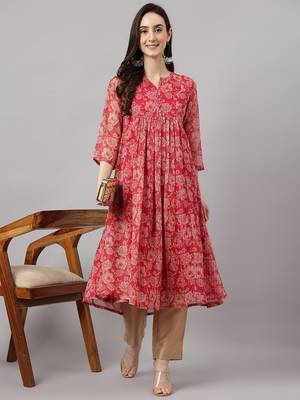 Pink printed chiffon ethnic-kurtis 1