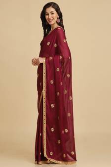 Wine Georgette Mirror Work Party Wear Saree