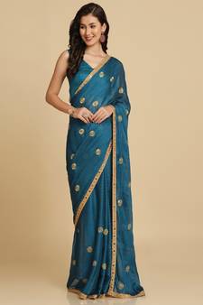 Teal Georgette Mirror Work Party Wear Saree