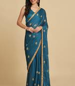 Teal Georgette Mirror Work Party Wear Saree