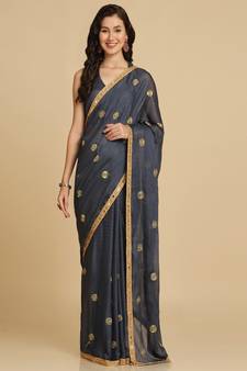 Grey Georgette Mirror Work Party Wear Saree