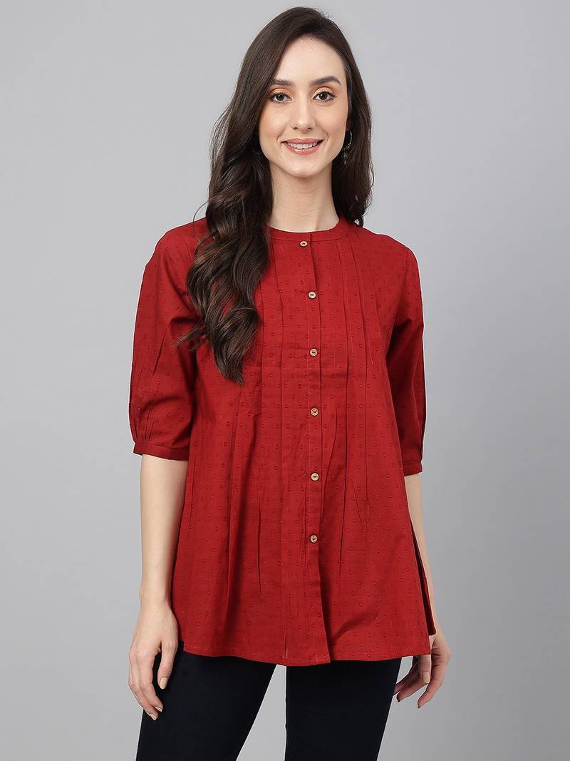 Solid And Wevon Designer Maroon Colour Kurti In Cotton Fabric For Party Wear