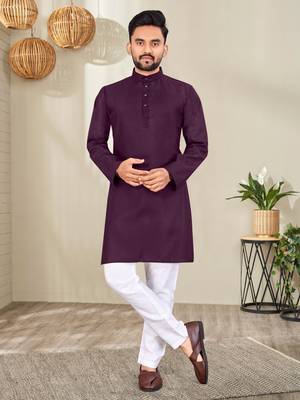Purple Cotton Blend Solid Mens Kurta Set. 1