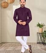 Purple Cotton Blend Solid Mens Kurta Set.