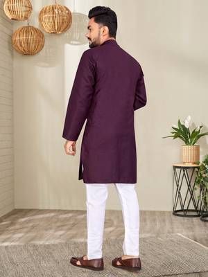 Purple Cotton Blend Solid Mens Kurta Set. 2