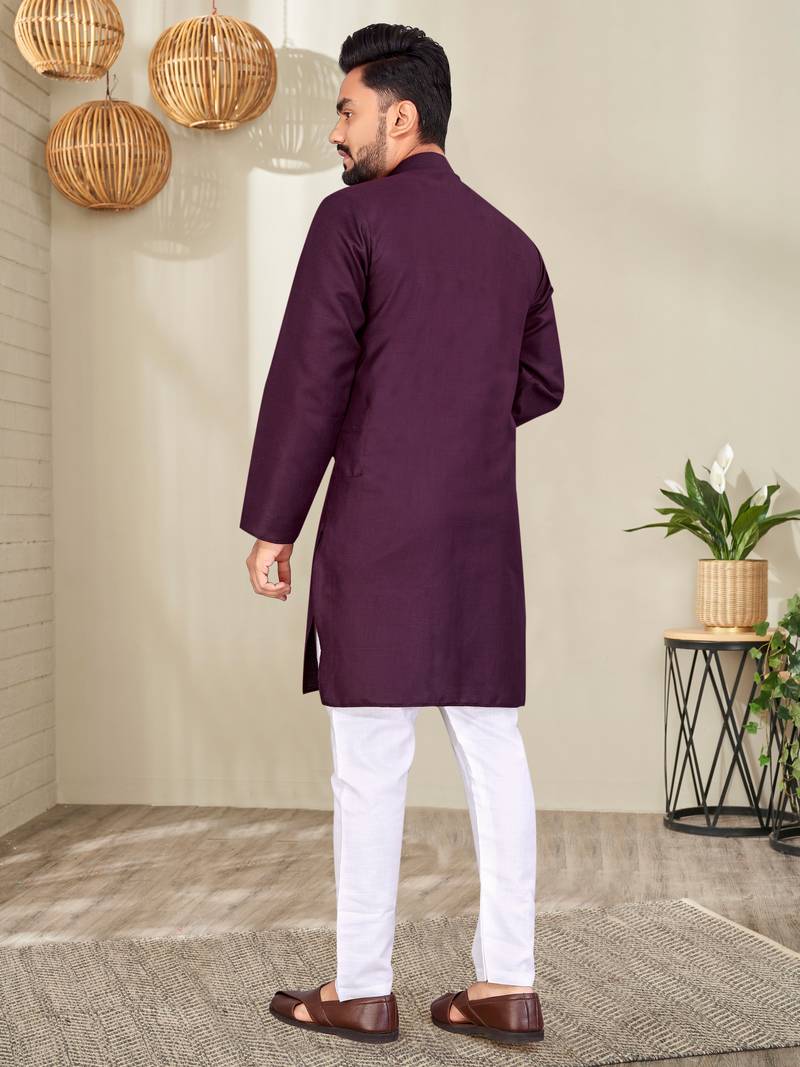 Purple Cotton Blend Solid Mens Kurta Set.