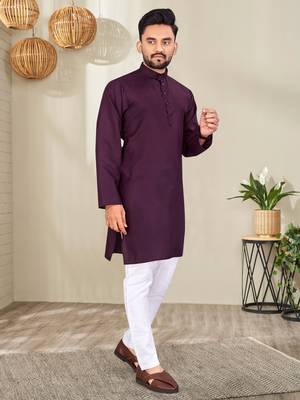 Purple Cotton Blend Solid Mens Kurta Set. 3