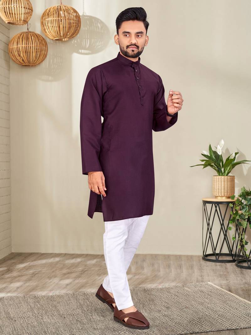 Purple Cotton Blend Solid Mens Kurta Set.