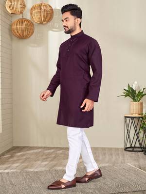 Purple Cotton Blend Solid Mens Kurta Set. 4
