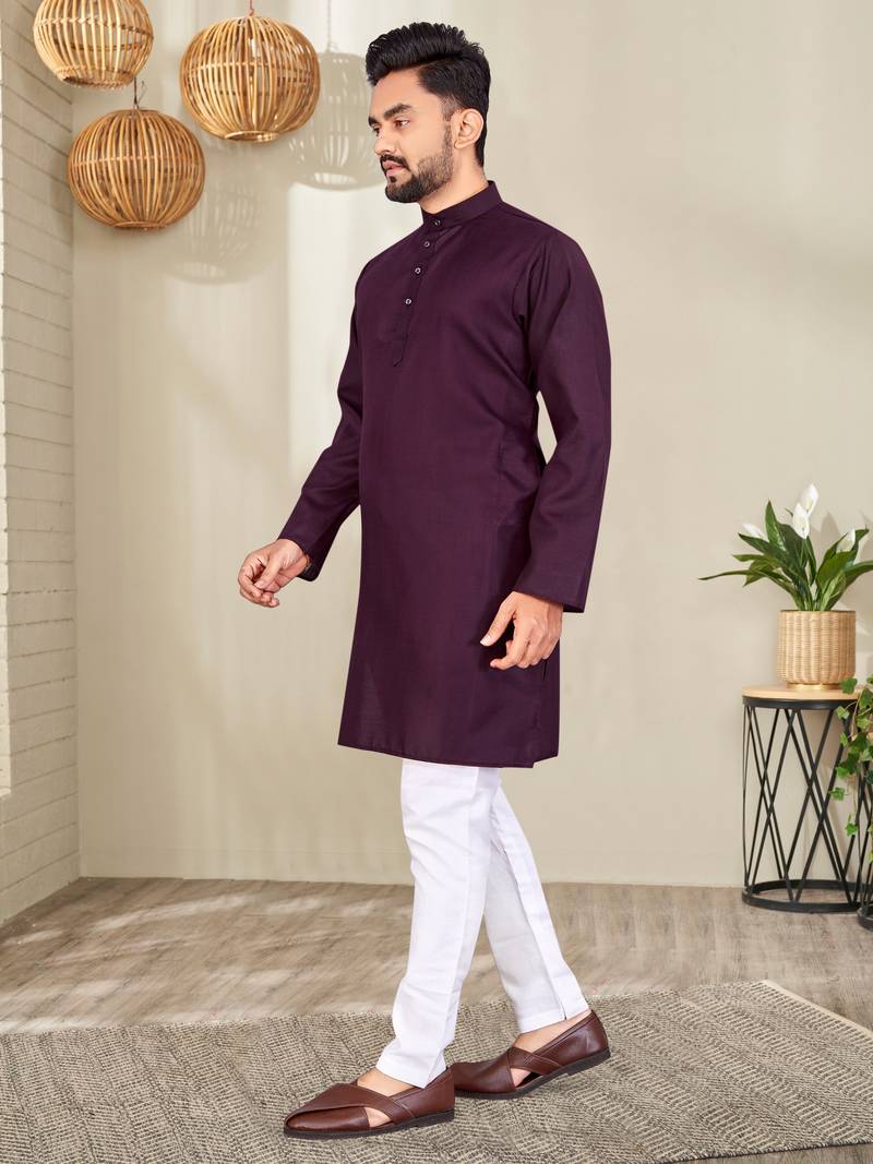 Purple Cotton Blend Solid Mens Kurta Set.