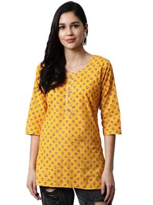 Yellow printed cotton cotton-kurtis 1