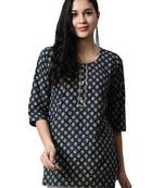 Navy-blue printed cotton cotton-kurtis
