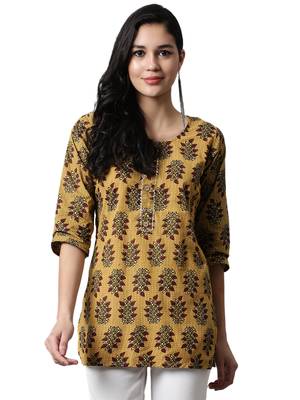 Mustard printed cotton cotton-kurtis 1