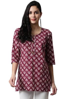 Maroon printed cotton cotton-kurtis 1