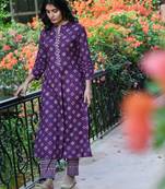 PURPLE PRINTED HANDWORK KURTA WITH PANT SET