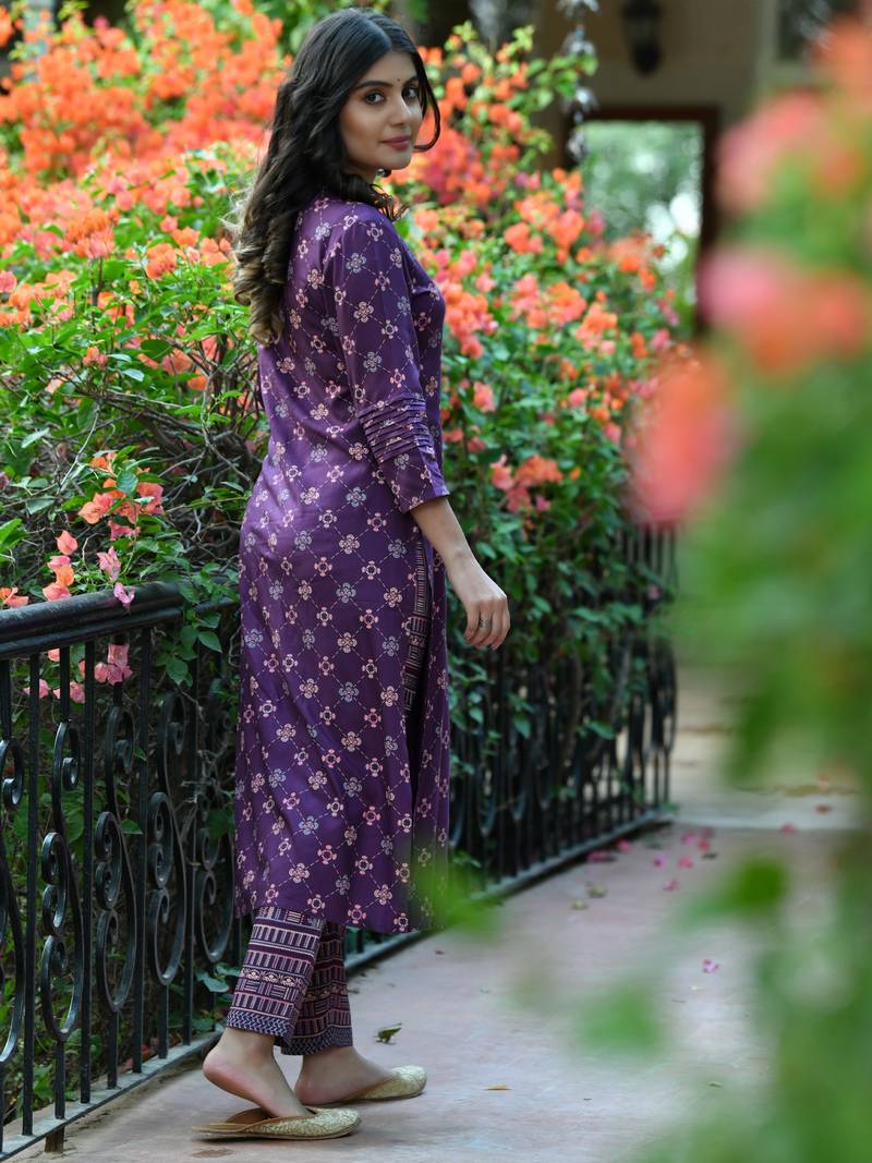 PURPLE PRINTED HANDWORK KURTA WITH PANT SET