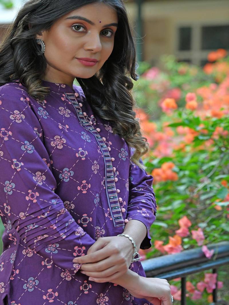 PURPLE PRINTED HANDWORK KURTA WITH PANT SET