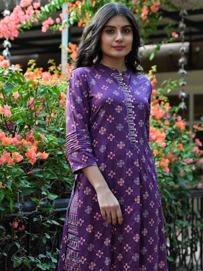 PURPLE PRINTED HANDWORK KURTA WITH PANT SET