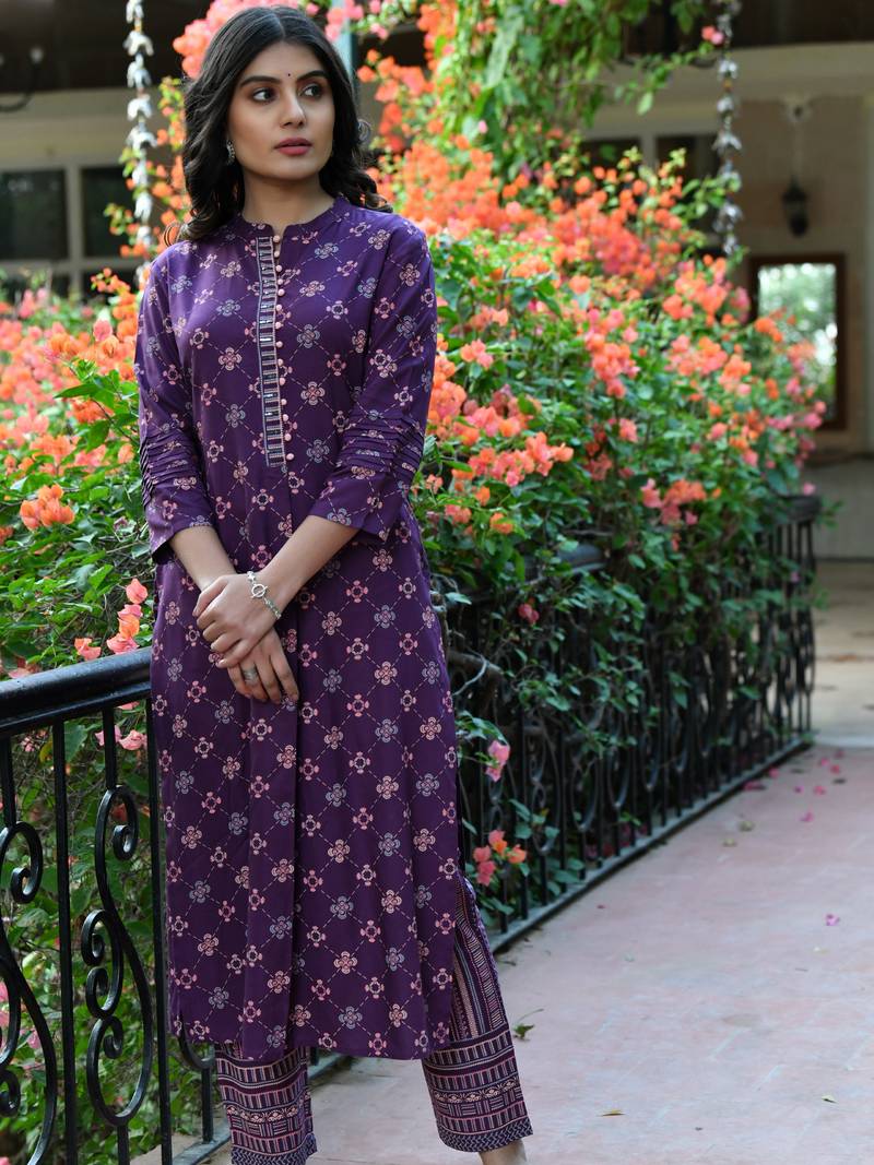 PURPLE PRINTED HANDWORK KURTA WITH PANT SET