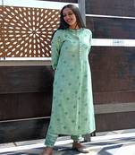 GREEN PRINTED HANDWORK KURTA WITH PANT SET