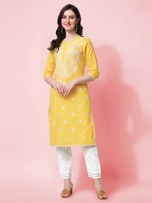 Yellow Embroidery Cotton Straight Kurta With Pant Set 1