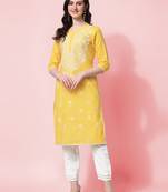 Yellow Embroidery Cotton Straight Kurta With Pant Set