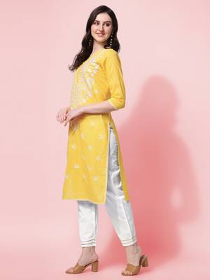 Yellow Embroidery Cotton Straight Kurta With Pant Set 2