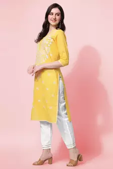 Yellow Embroidery Cotton Straight Kurta With Pant Set