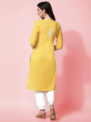 Yellow Embroidery Cotton Straight Kurta With Pant Set 3