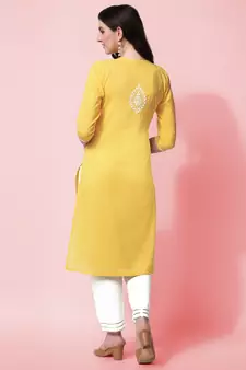 Yellow Embroidery Cotton Straight Kurta With Pant Set