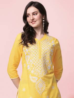 Yellow Embroidery Cotton Straight Kurta With Pant Set 4