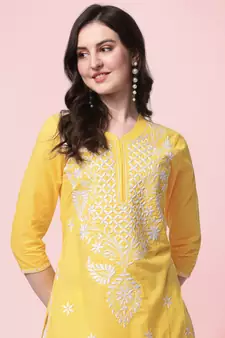 Yellow Embroidery Cotton Straight Kurta With Pant Set